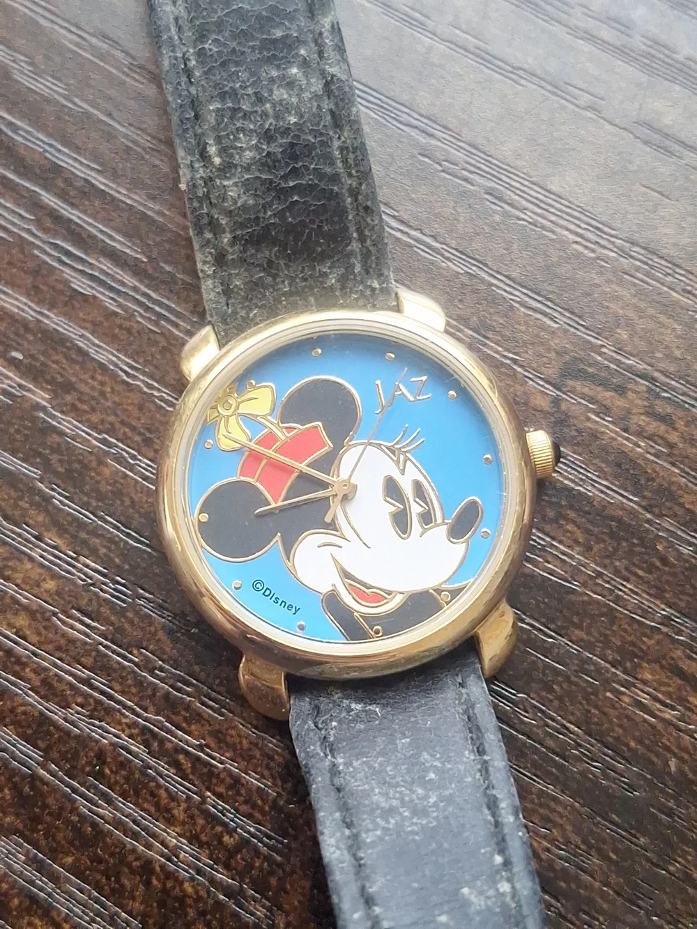 Vintage Mickey Mouse Gold-Tone Case Watch with Black Strap and Blue Dial